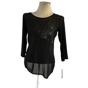 NWT Y2K Black Beaded Sheer Mesh Top Wmns L Whimsigoth Romantic Grunge Witchy
